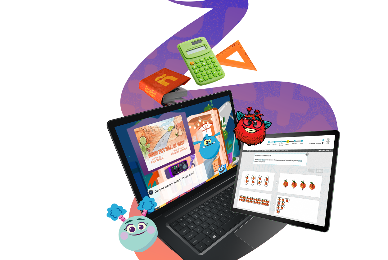 Visual collage of a student and teacher smiling behind a laptop