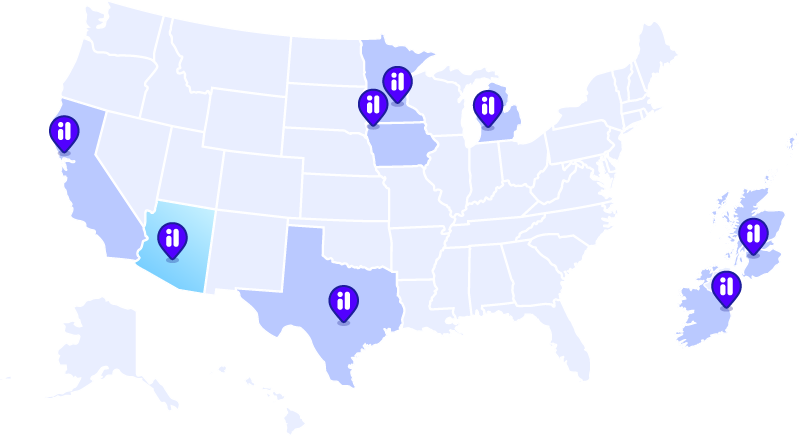 Stylized map of the U.S. showing Imagine Learning offices.